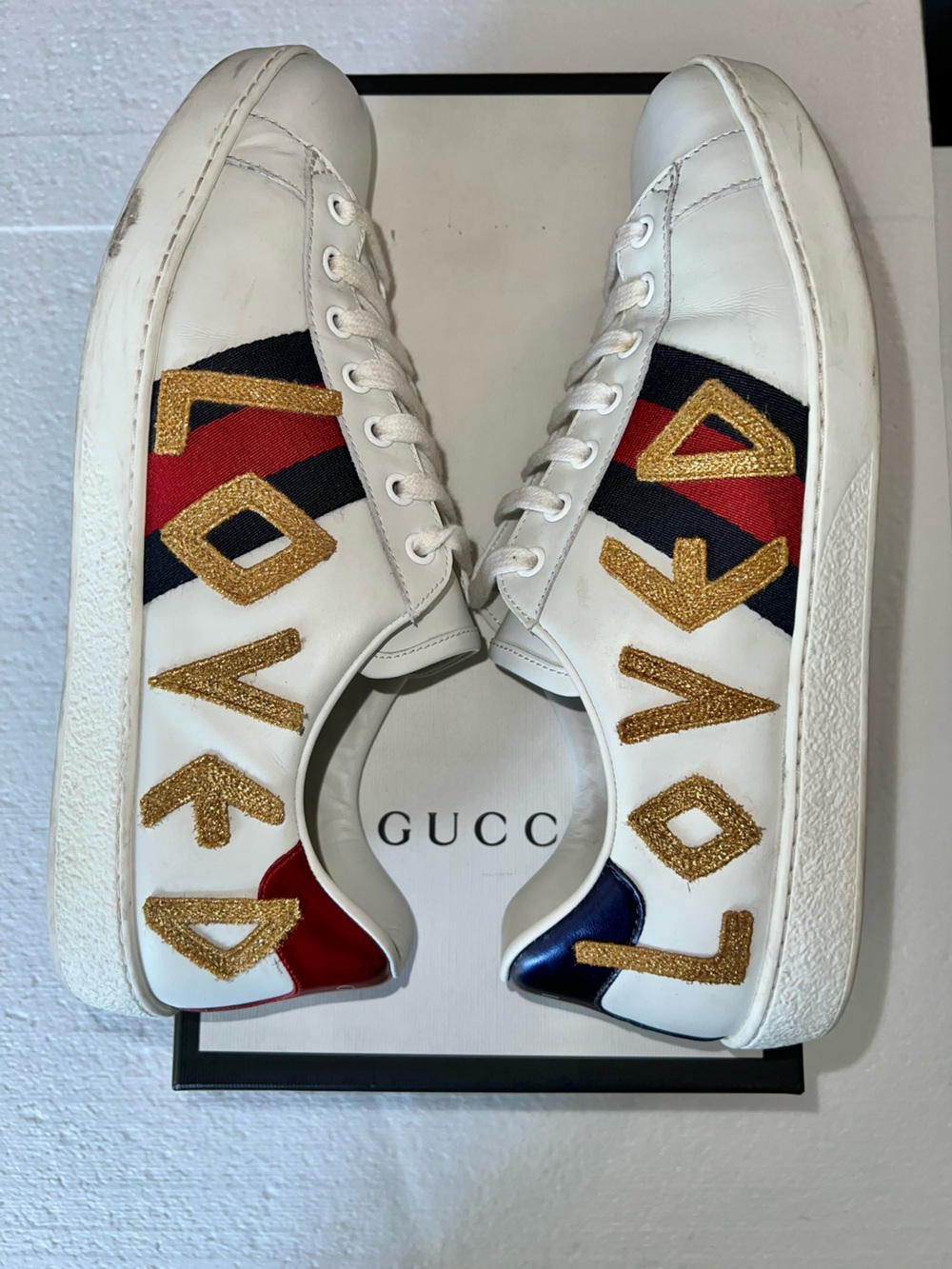Gucci White Leather 'LOVED' Embroidered Sneakers with Red & Blue Web